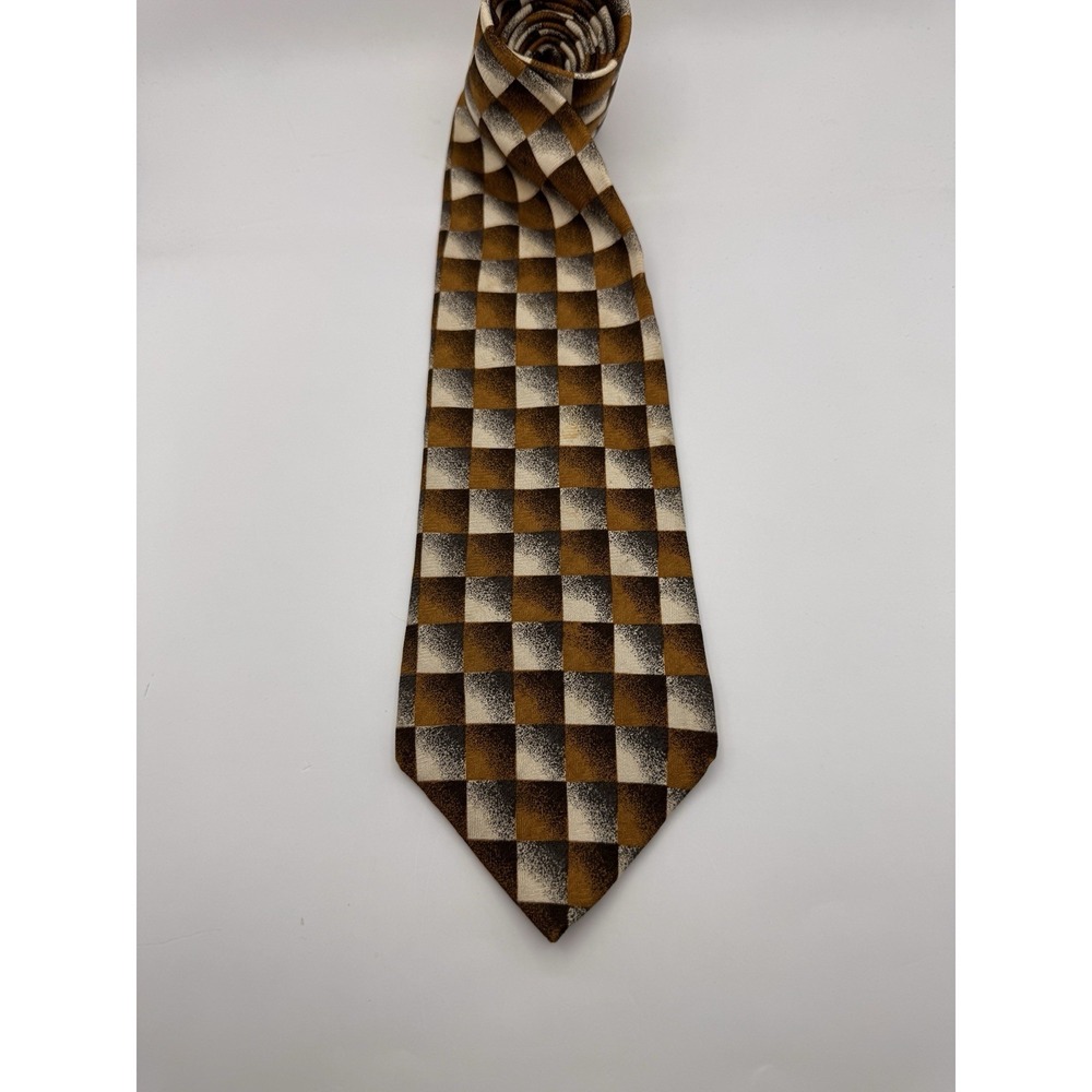 Vintage Hunting Horn by J. Riggings Checkered Silk Tie Brown Geometric Checkered